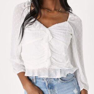 NWT! Dainty Decision Ivory Ruched Ruffled Swiss Dot Top